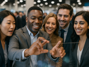 people gathered around an oled screen on a conference floor